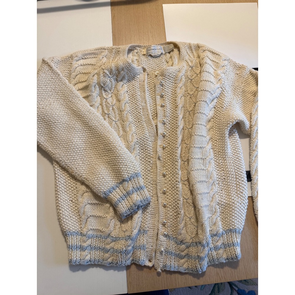 The Eagles Eye Hand Knit Cardigan Sweater Cream Blue Cable Pearl Button Large